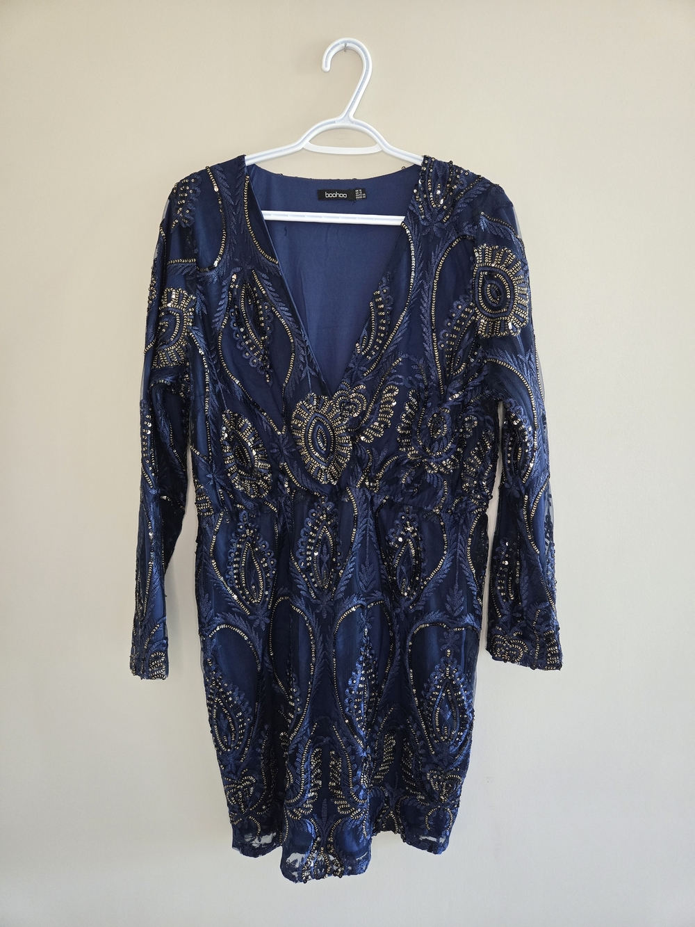 BooHoo navy + gold embellished sequin formal long sleeve midi dress, embroidered